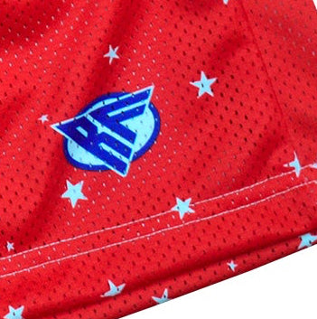 Close-up of RF-Wear Men's Mesh Star Shorts in Red with White Stars with RF logo