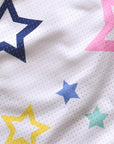 Close-up of RF-Wear Men's Mesh Star Shorts in White/Multicolor
