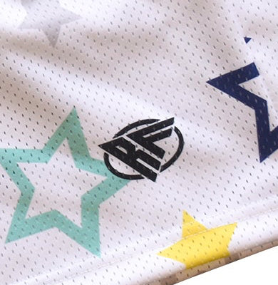 Close-up of RF-Wear Men's Mesh Star Shorts in White/Multicolor with RF logo