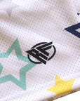 Close-up of RF-Wear Men's Mesh Star Shorts in White/Multicolor with RF logo