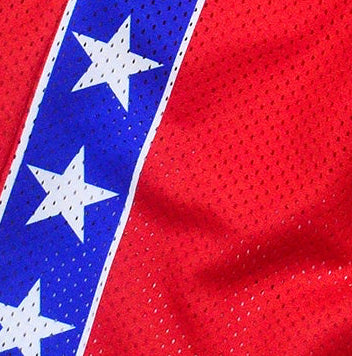 Close-up of RF-Wear Men's Mesh Star Trim Shorts in Red/Blue