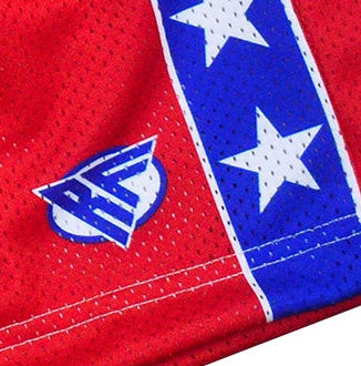 Close-up of RF-Wear Men's Mesh Star Trim Shorts in Red/Blue with RF logo