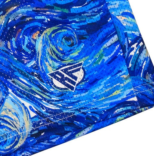 Close-up of RF-Wear Men's Mesh Starry Shorts in  Blue with RF logo
