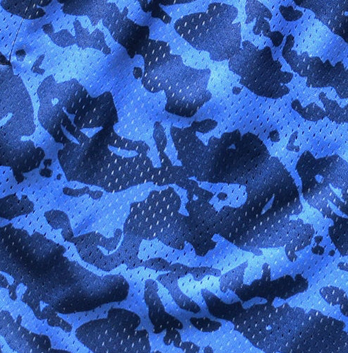 Close-up of RF-Wear Men's Mesh Tiger Camo Shorts in Blue