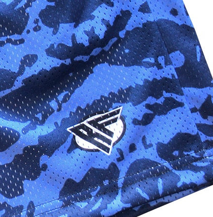 Close-up of RF-Wear Men's Mesh Tiger Camo Shorts in Blue with RF logo