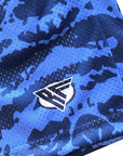 Close-up of RF-Wear Men's Mesh Tiger Camo Shorts in Blue with RF logo