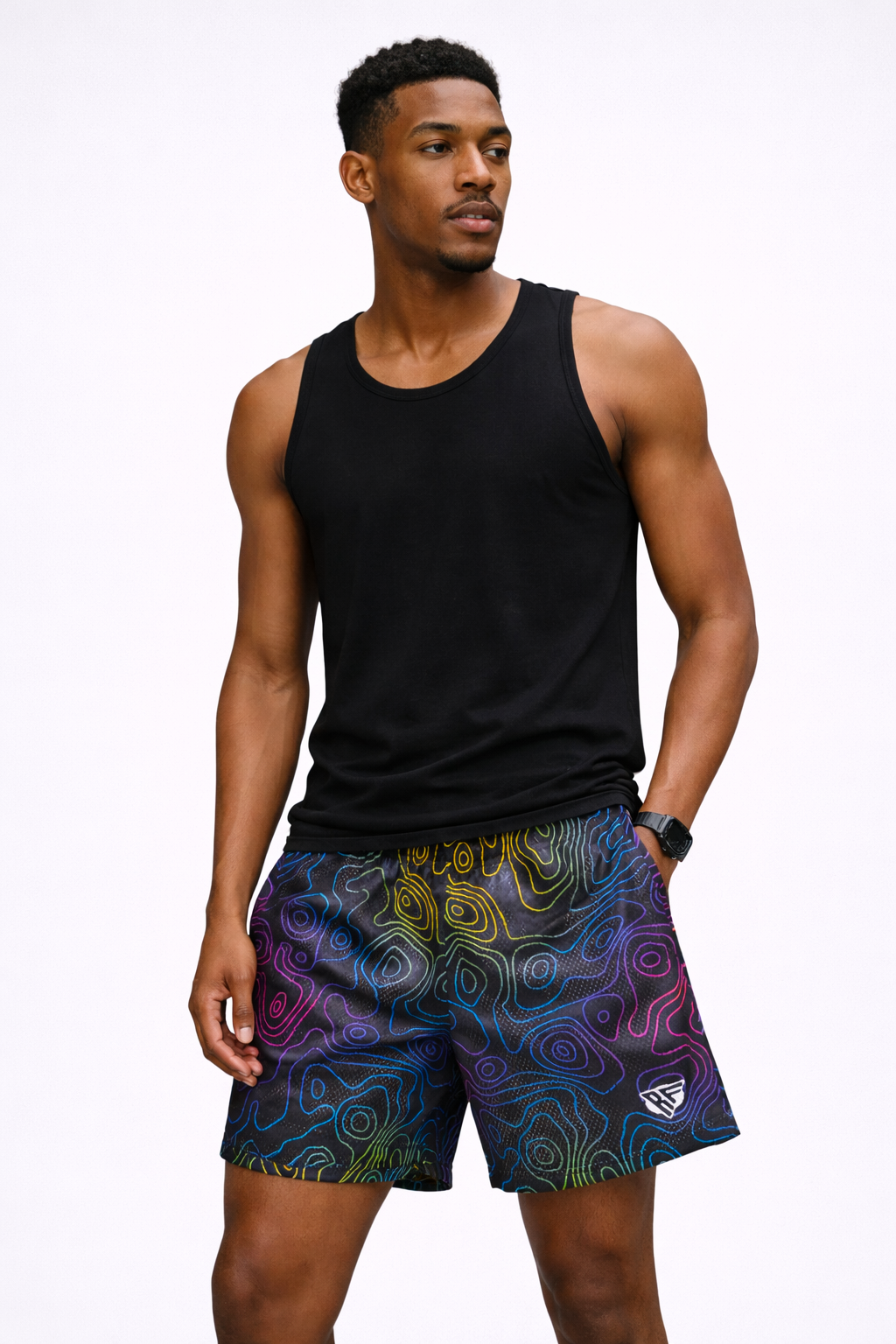 Man Wearing a top and RF-Wear Men's Mesh Topography Shorts in Black/Multicolor