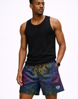 Man Wearing a top and RF-Wear Men's Mesh Topography Shorts in Black/Multicolor