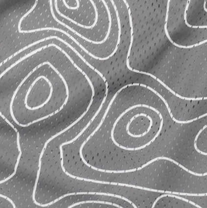 Close-up of RF-Wear Men's mesh topography shorts in grey/white. 