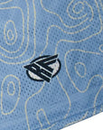 Close-up of RF-Wear Men's mesh topography shorts in sky blue with RF logo