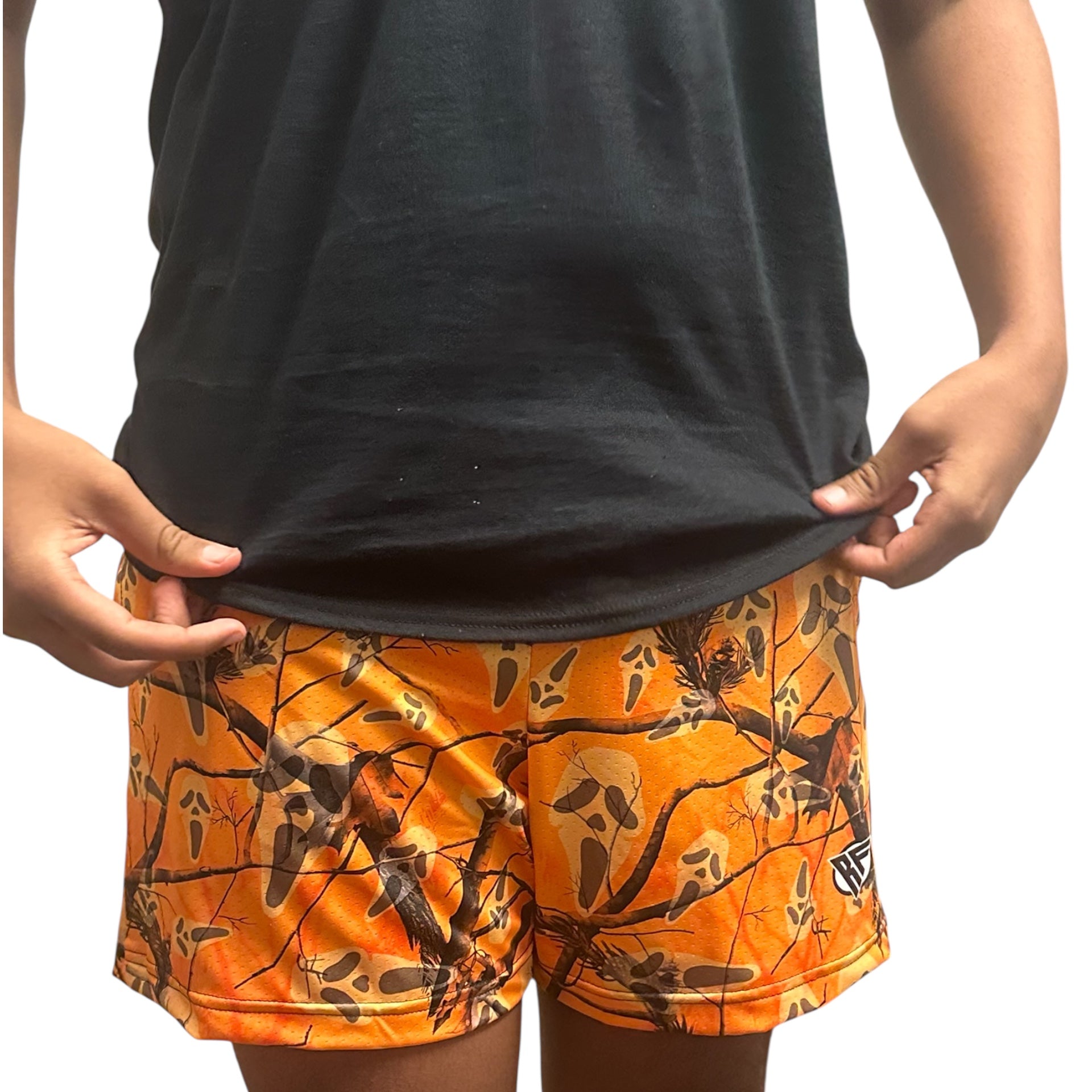 RF Wear Men&#39;s Mesh Tree Camo Ghost Shorts - Orange - Model Front View