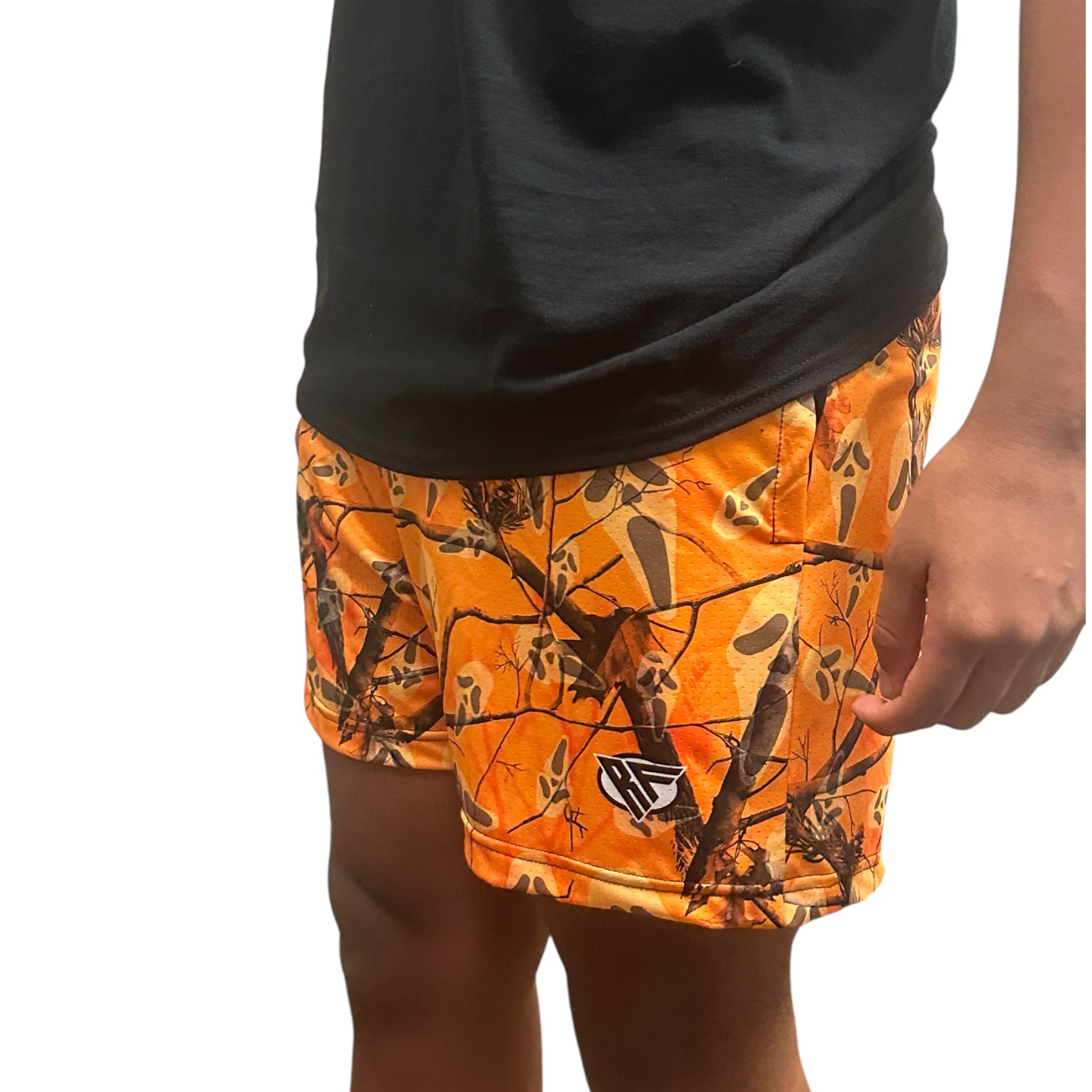 RF Wear Men&#39;s Mesh Tree Camo Ghost Shorts - Orange - Model Side View