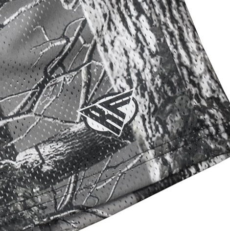 Close-up of RF-Wear Men's Mesh Tree Camo Shorts in Grey with RF logo