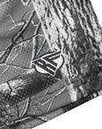 Close-up of RF-Wear Men's Mesh Tree Camo Shorts in Grey with RF logo