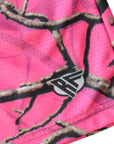 Close-up of RF-Wear Men's Mesh Tree Camo Shorts in Pink with RF logo