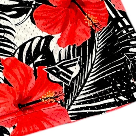 Close up of RF-Wear Men's Mesh Tropical Flower shorts - Coral on Black/White with RF logo