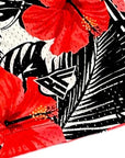 Close up of RF-Wear Men's Mesh Tropical Flower shorts - Coral on Black/White with RF logo