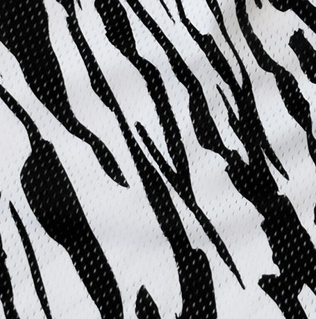 Close-up of RF-Wear Men's Mesh Animal Print Shorts - Zebra - Black/White