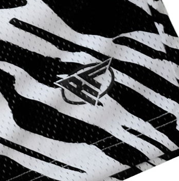 Close-up of RF-Wear Men's Mesh Animal Print Shorts - Zebra - Black/White with RF logo