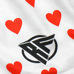 Close-up of RF-Wear Men's Mini Hearts Shorts in White/Red with RF logo