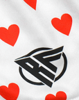 Close-up of RF-Wear Men's Mini Hearts Shorts in White/Red with RF logo
