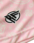 Close-up of RF-Wear Men's Paisley Shorts in Pink/Cream with RF logo