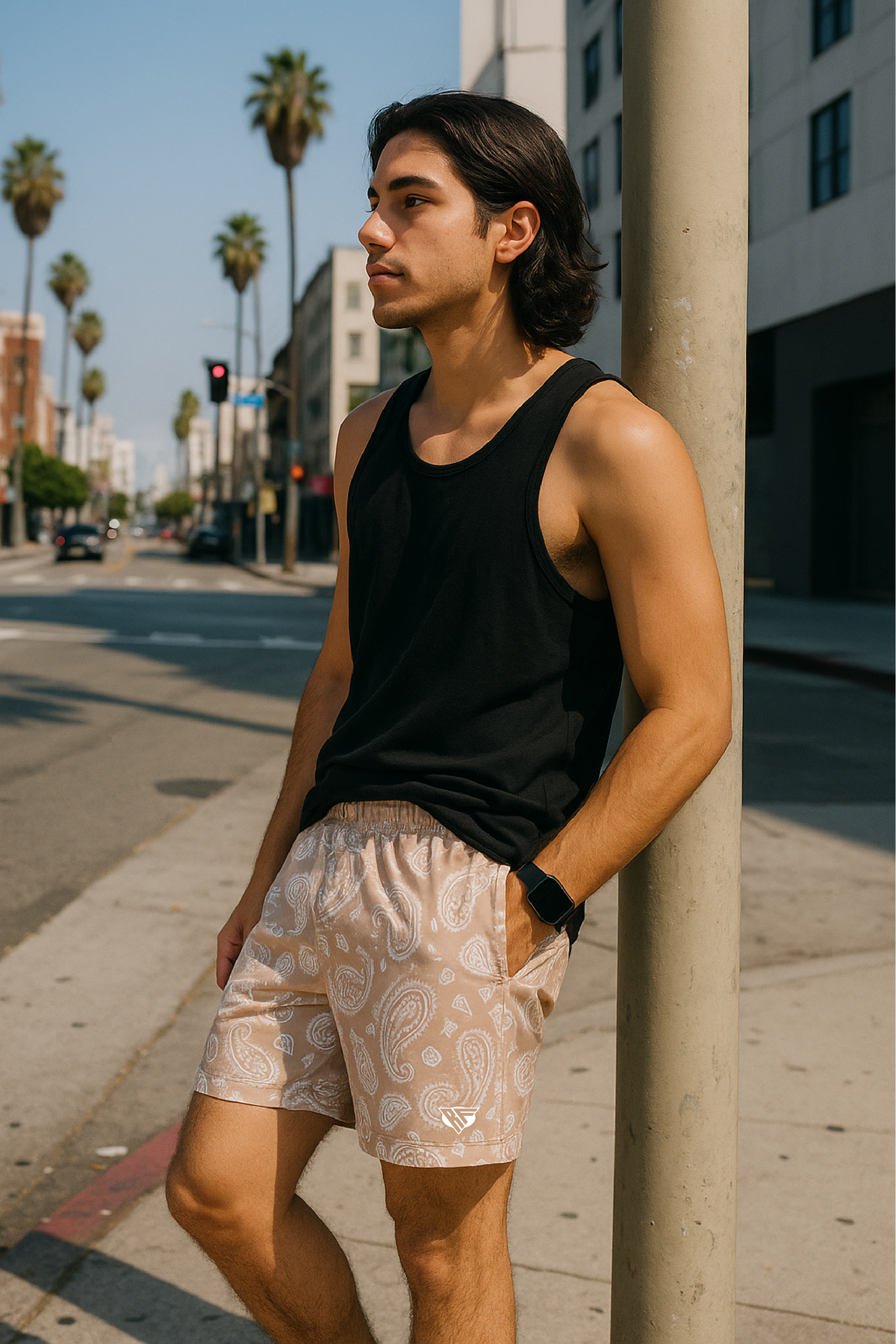 RF Wear Men's Paisley Shorts - Tan/White  - Model Front View
