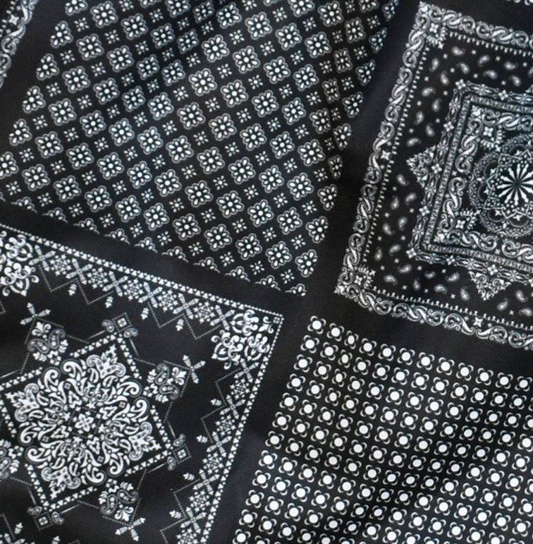 Close-up of RF-Wear Men's Bandana Patchwork Shorts in Black