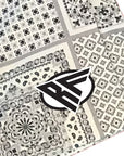 Close-up of RF-Wear Patchwork Bandana Shorts in Cream/Grey with RF logo
