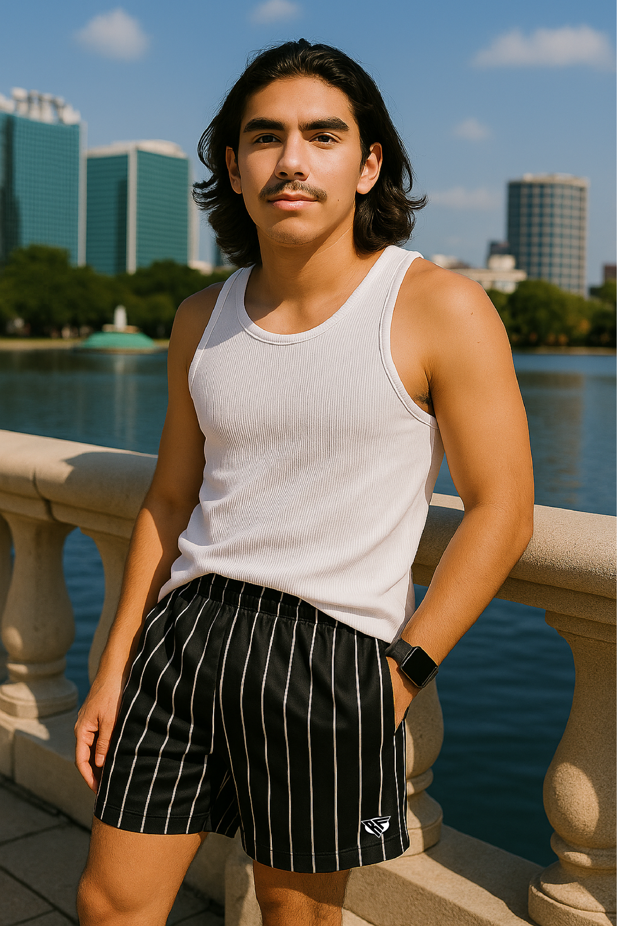 Man wearing RF-Wear Men's Pinstripe Shorts in Black/White 