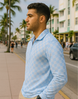 RF Wear Men's Quarter Zip Checkered Top - Blue - Model Side View