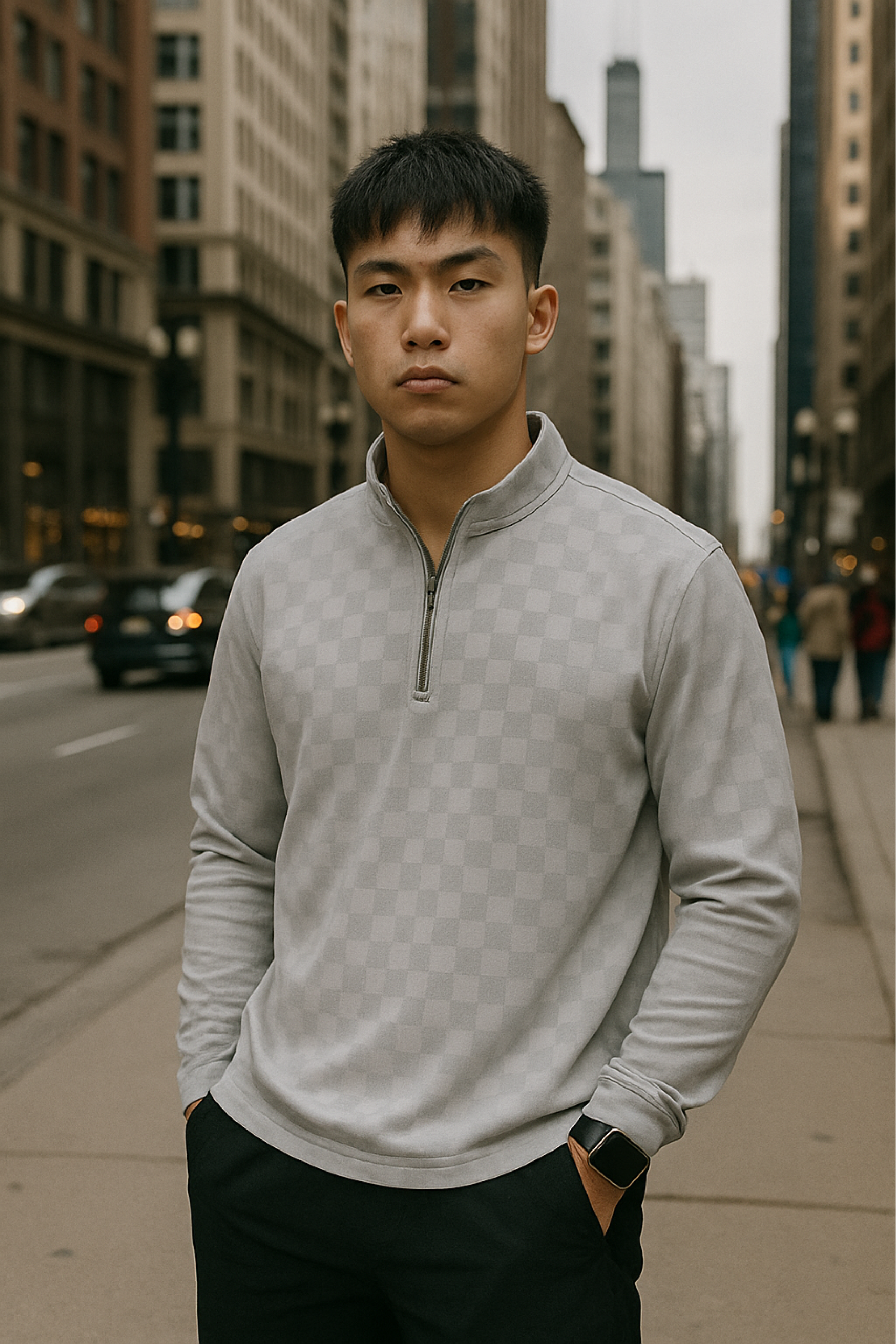 RF Wear Men's Quarter Zip Checkered Top - Grey - Model Front View