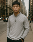 RF Wear Men's Quarter Zip Checkered Top - Grey - Model Front View