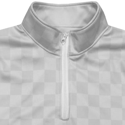 Close-up of zipper on RF-Wear Men's Quarter Zip Checkered Top in Grey