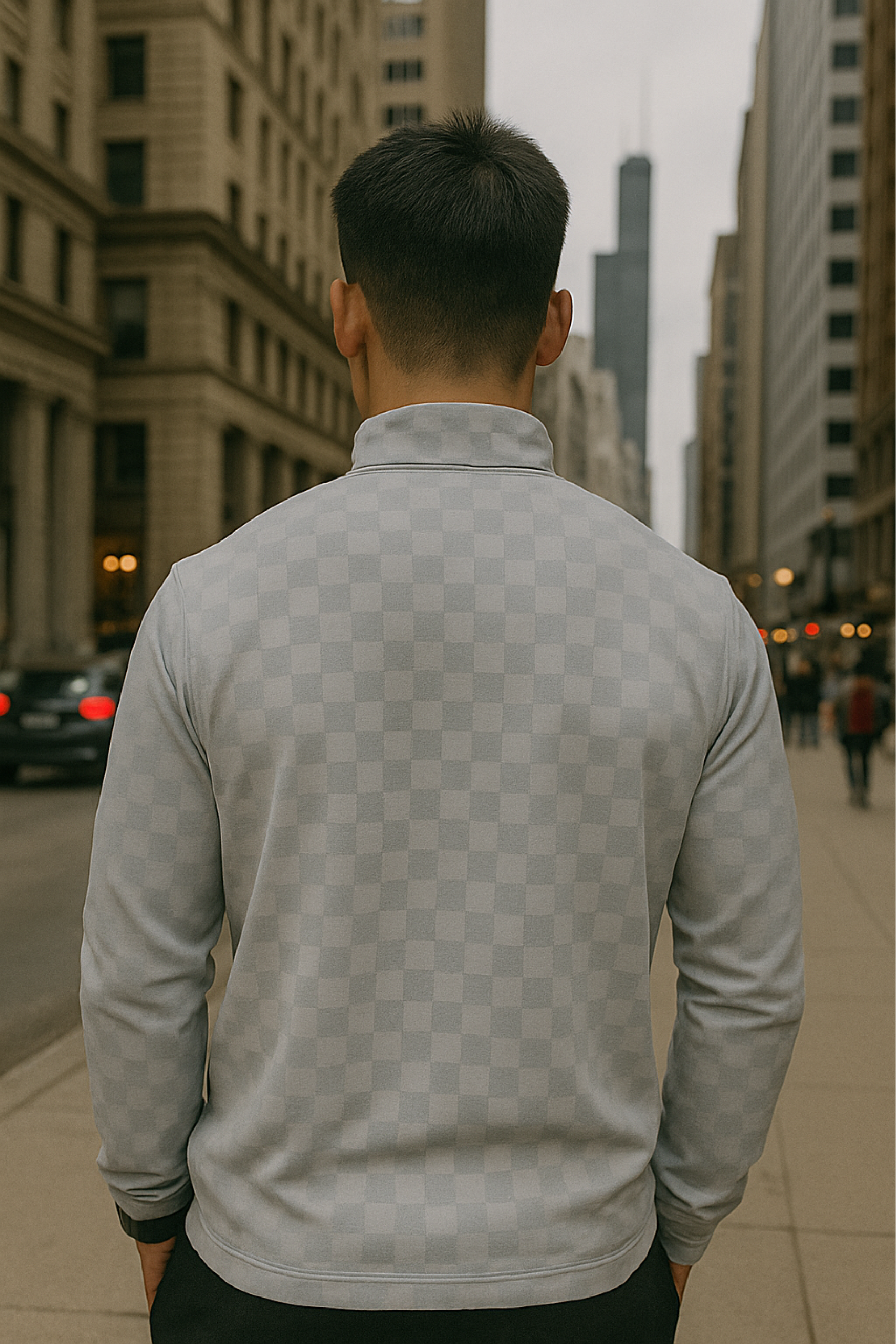 RF Wear Men's Quarter Zip Checkered Top - Grey - Model Back View