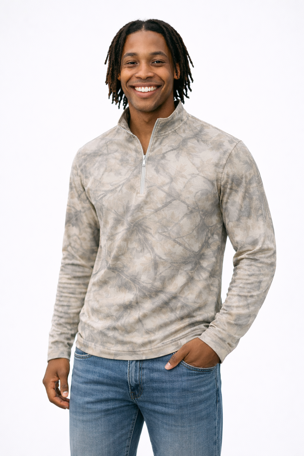 Man wearing a RF-Wear Men's Quarter Zip in Cream/Grey and Jeans