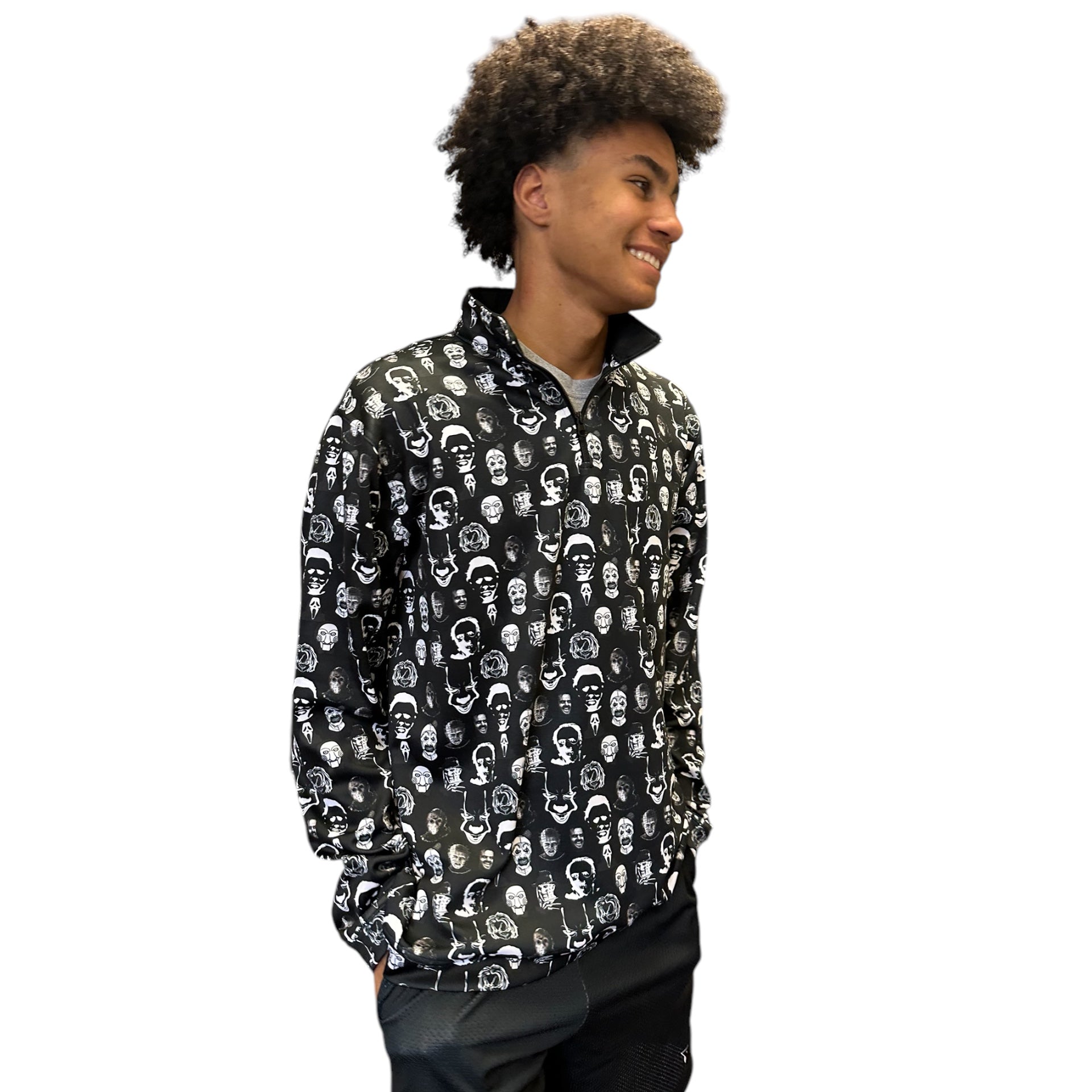  RF Wear Men's Quarter Zip Horror Faces Top  - Black - Model Front View