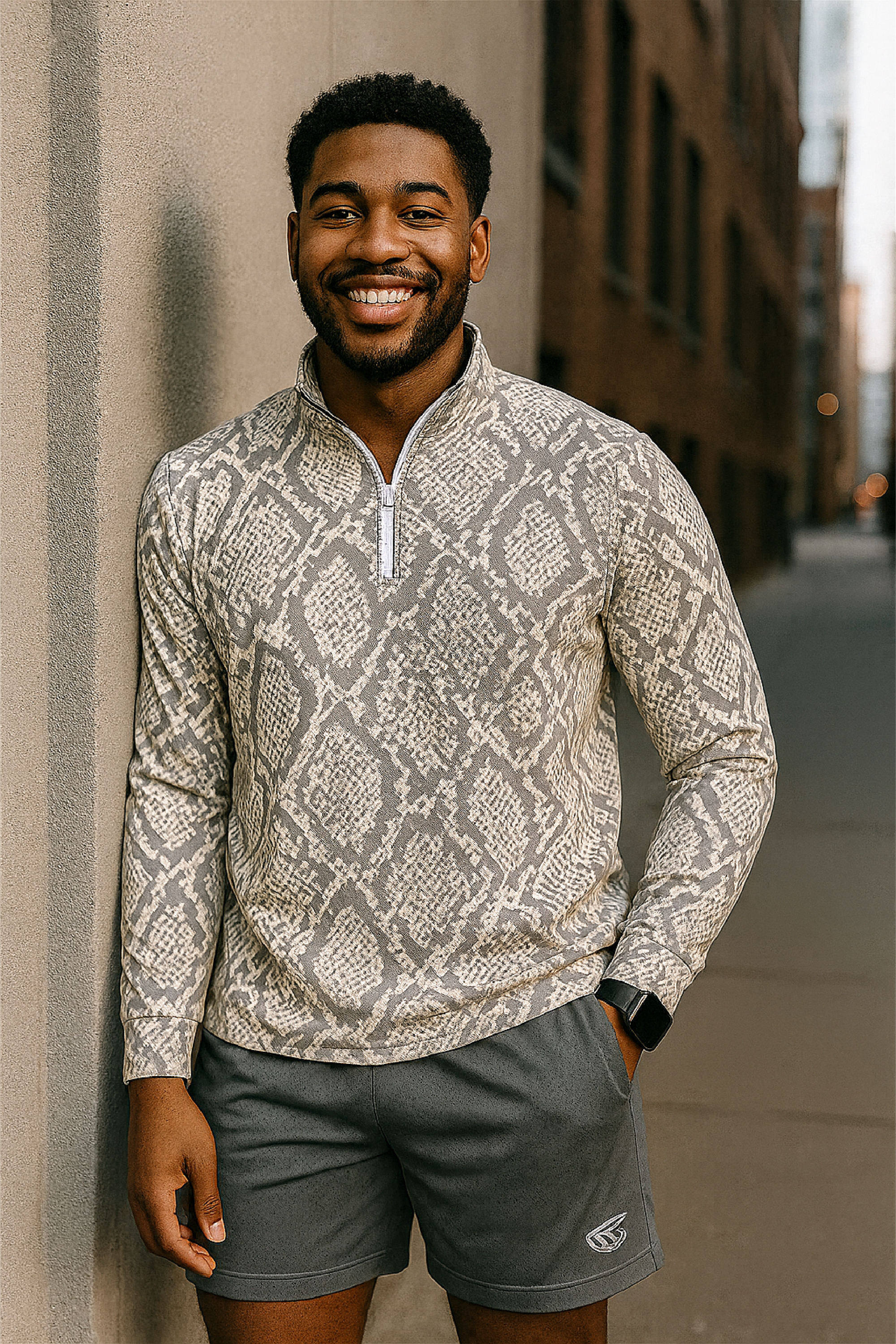 RF Wear Men&#39;s Quarter Zip Snakeskin Top - Grey/Cream - Model Front View