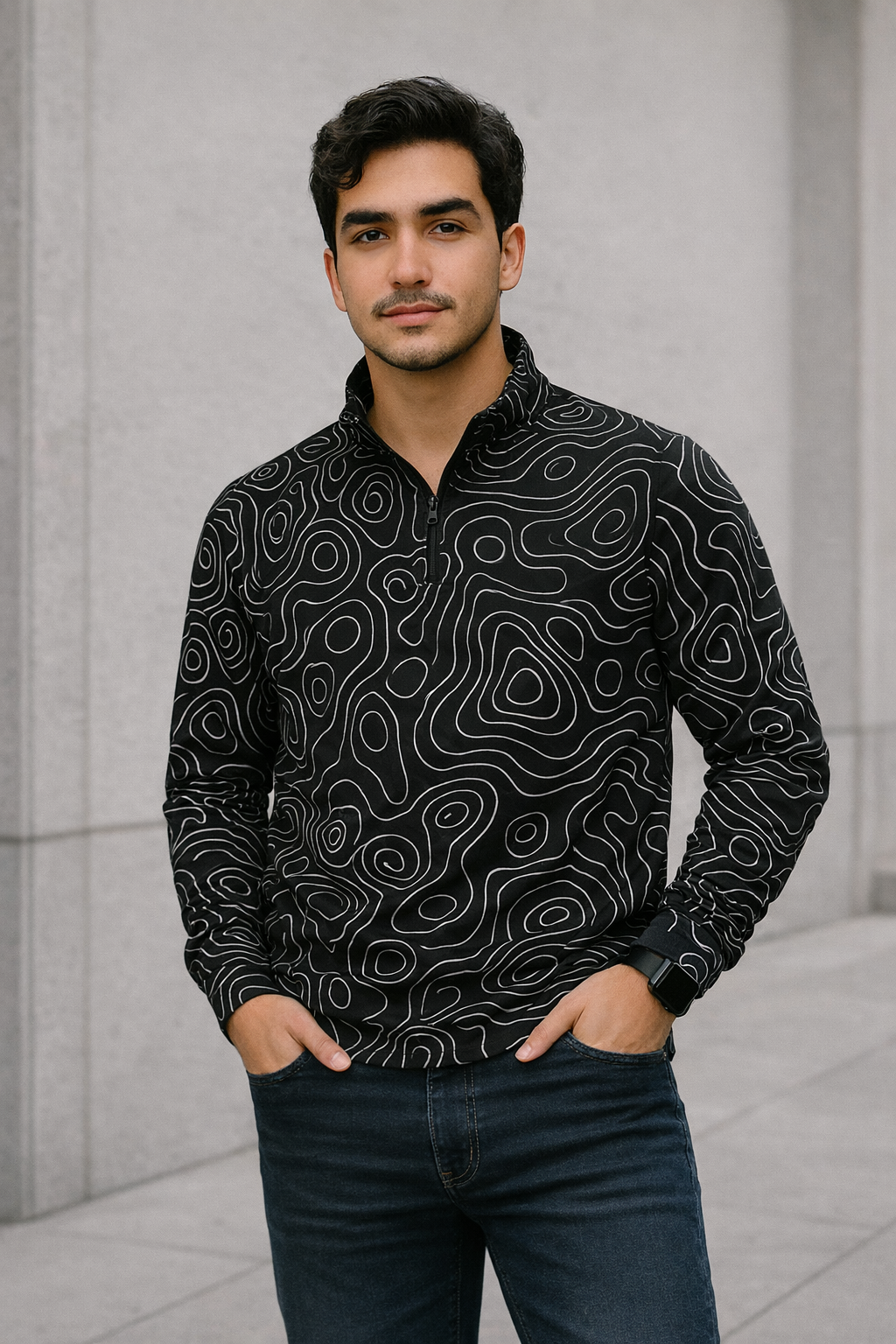 Man wearing a RF-Wear Men's Quarter Zip Topography in Black/White with Jeans