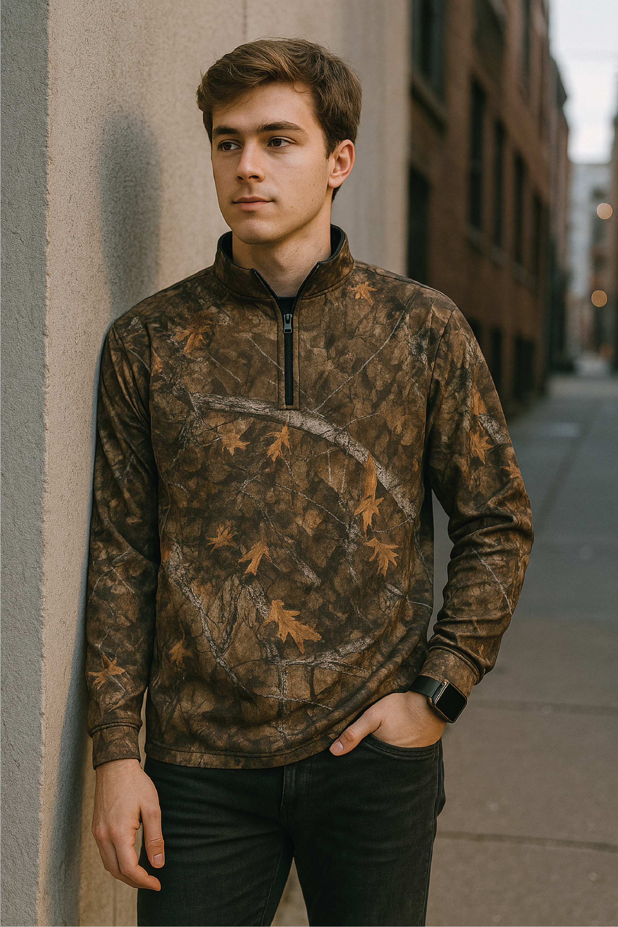 RF Wear Men's Quarter Zip Tree Camo Top - Brown - Model Front View