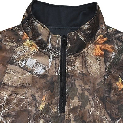 Close-up of zipper on RF-Wear Men's Quarter Zip Tree Camo Top in Brown