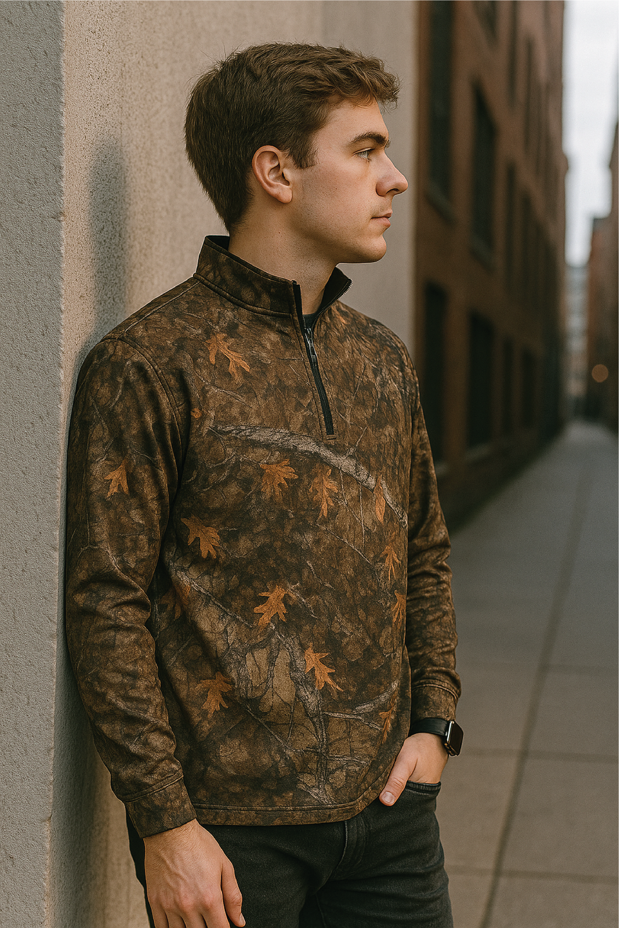RF Wear Men's Quarter Zip Tree Camo Top - Brown - Model Side View
