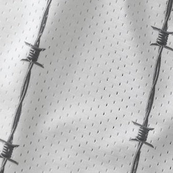 Close-up of RF-Wear Men's Reflective Logo Barbed Wire Shorts in White 