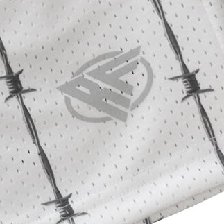 Close-up of RF-Wear Men's Reflective Logo Barbed Wire Shorts in White with RF logo