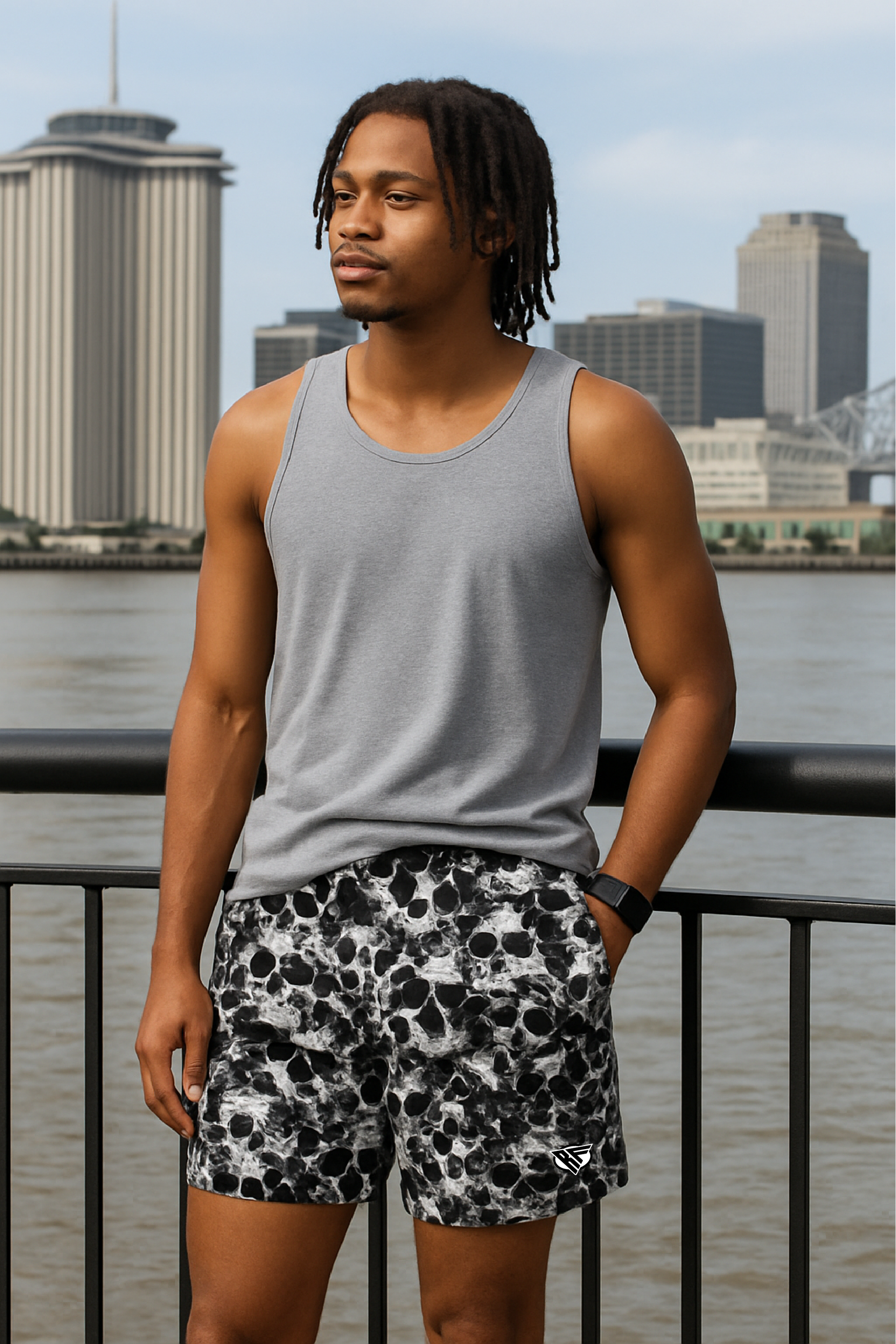 RF Wear Men&#39;s Skull Shorts - Black/White - Model Front View