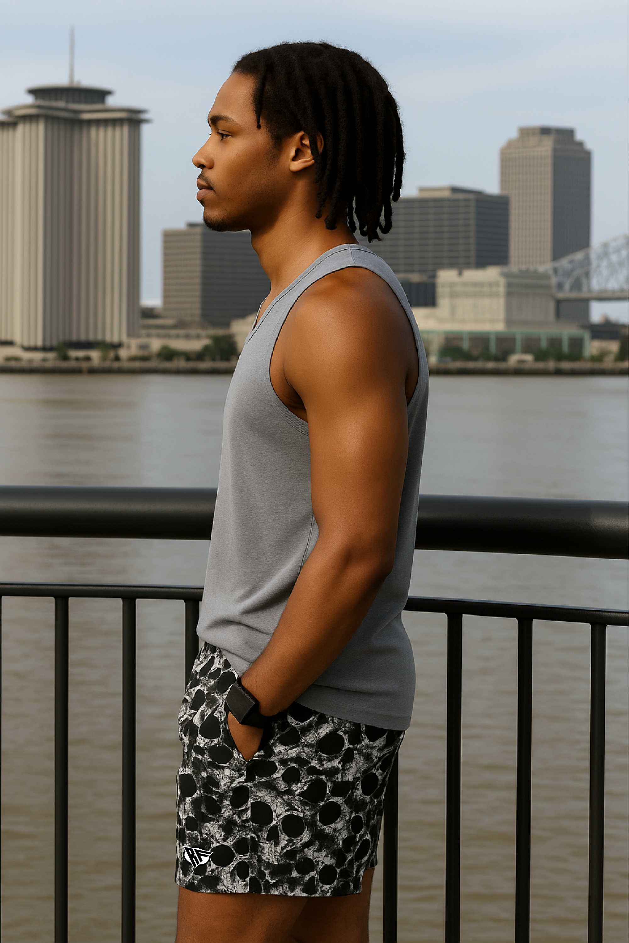 RF Wear Men&#39;s Skull Shorts - Black/White - Model Side View
