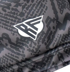 Close-up of RF-Wear Men's Snakeskin Shorts in Black with RF logo