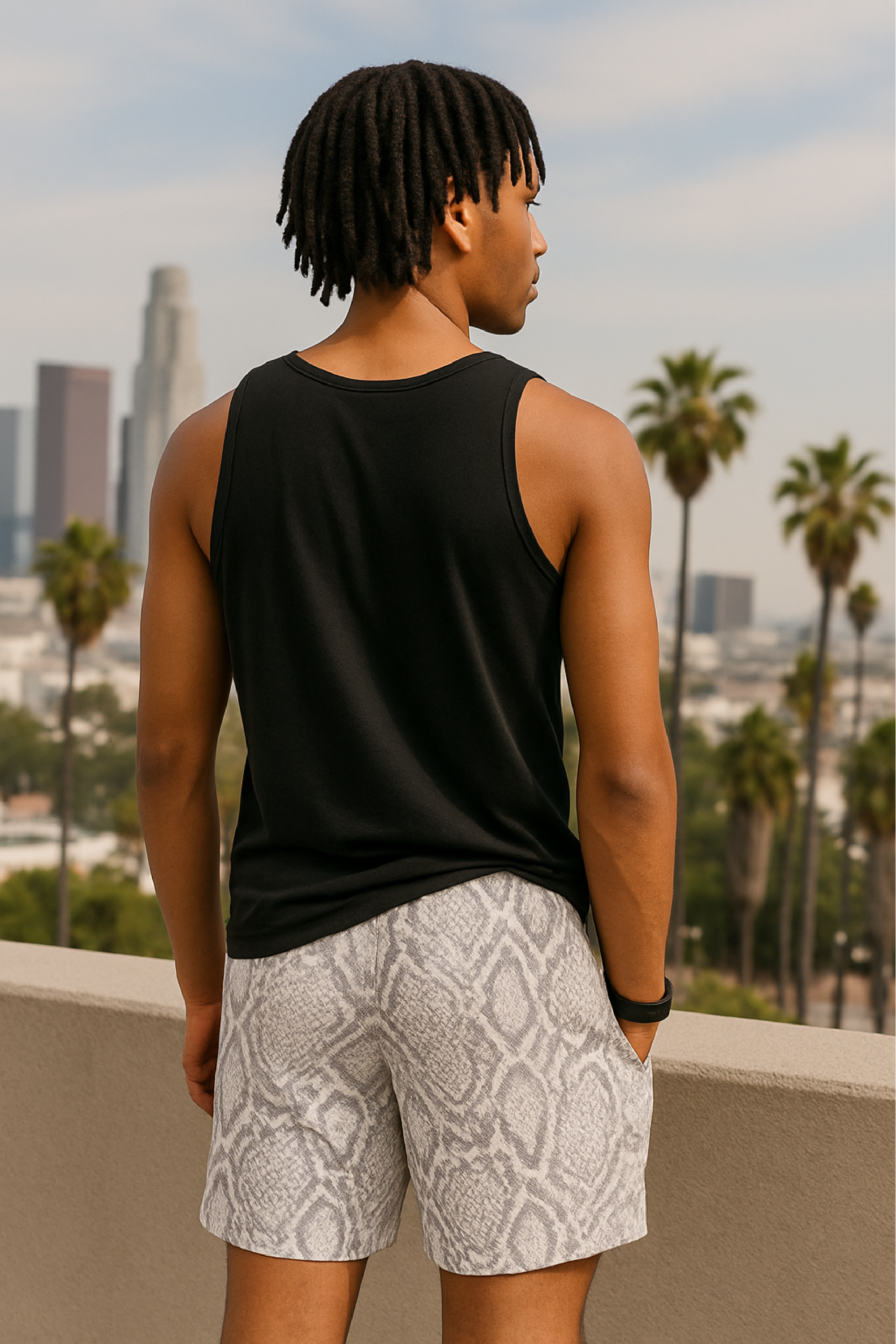 RF Wear Men's Snakeskin Shorts - Cream/Grey - Model Back View