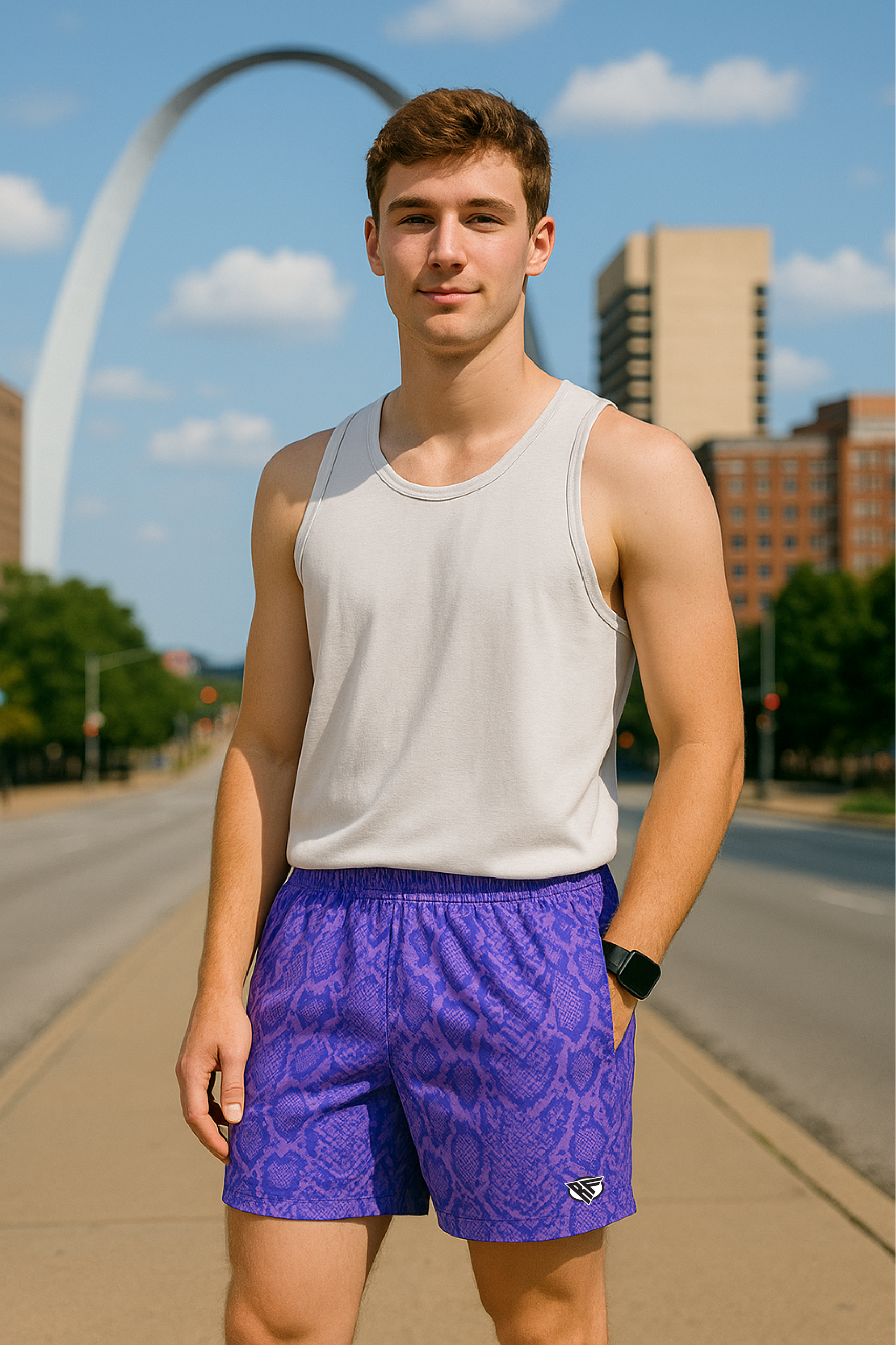 RF Wear Men's Snakeskin Shorts - Purple - Model Front View