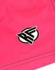 Close-up of RF-Wear Men's Split Flamingo Shorts in Pink with RF logo